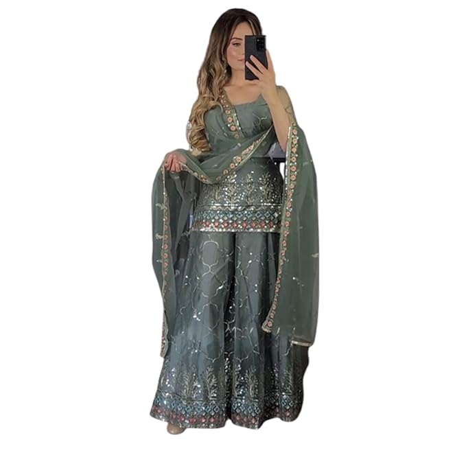 Women's Georgette Stitched Sharara Suit In Blue