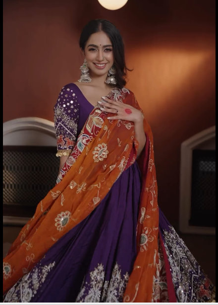 Purple Anarkali with Orange Dupatta for a Traditional Look