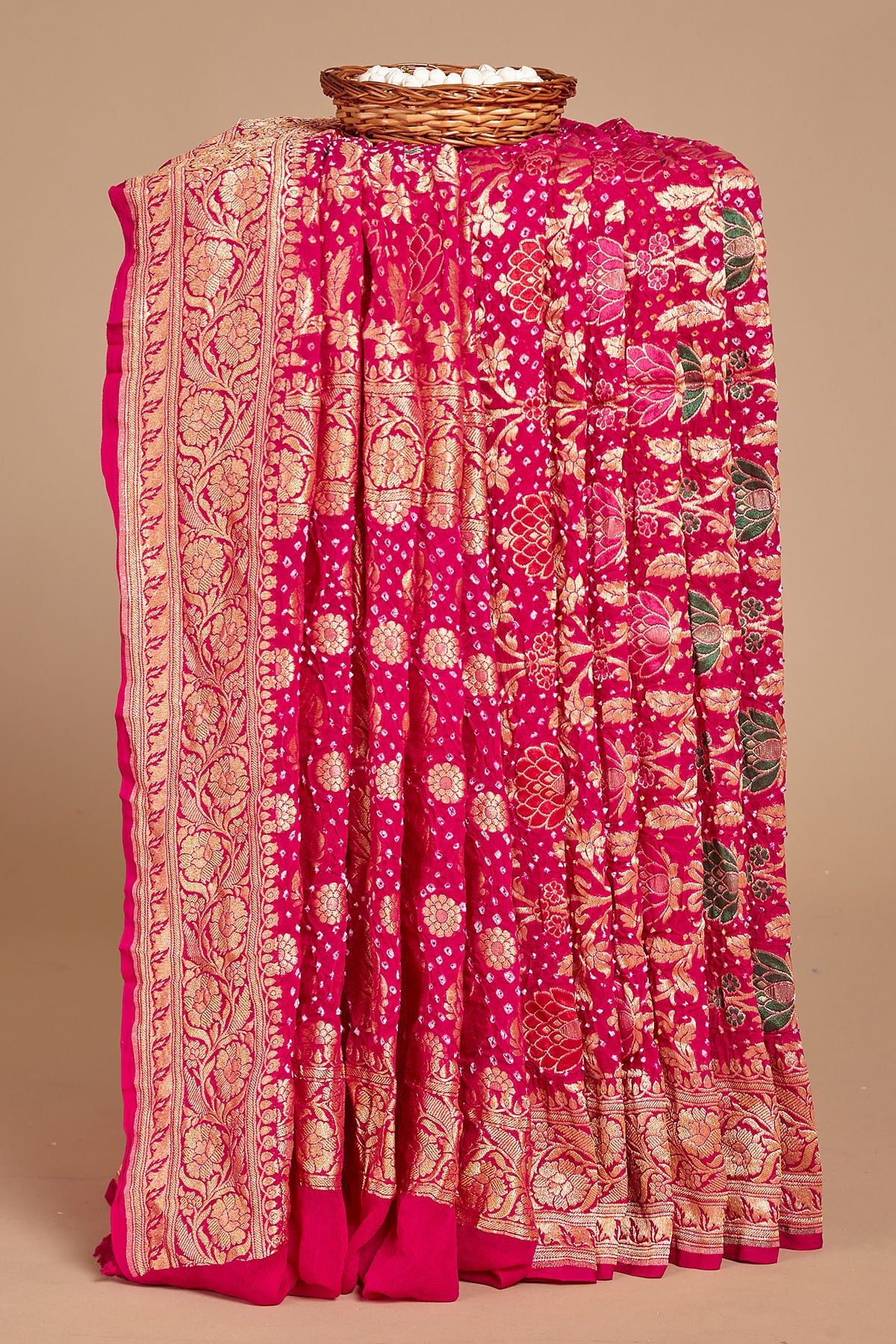 Samyakk Designer wedding bridal traditional party reception sarees Crimson Pink Zari Woven Georgette Bandhani Saree-CJ00750