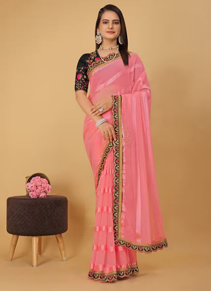 GLOBALIA CREATION Striped Georgette Saree with Embroidered Border