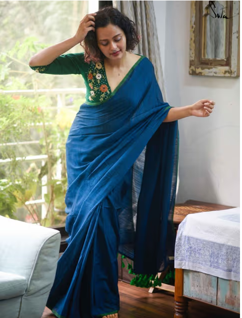Suta Blue Solid Cotton Viscose Saree With Tassled Pallu and Without Blouse At Nykaa Fashion