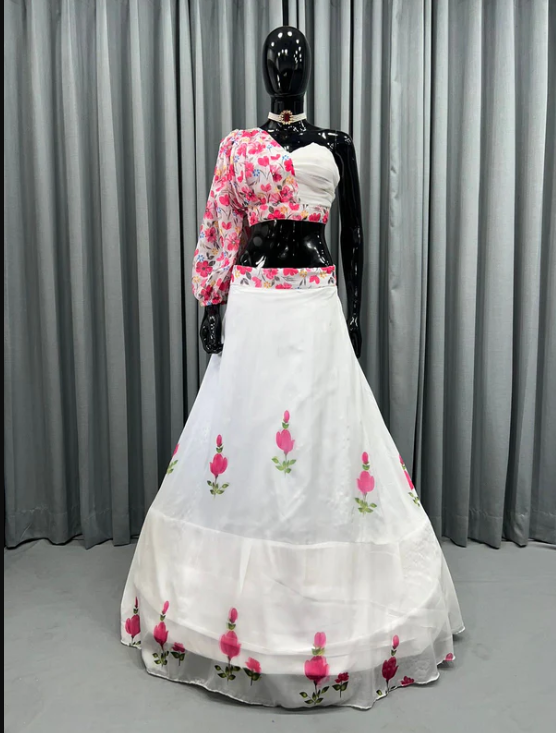 White Floral Printed Designer Silk Party Wear Lehenga Top