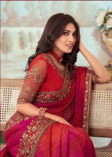 Red And Pink Designer Embroidered Saree