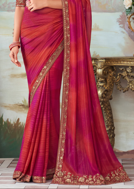 Red And Pink Designer Embroidered Saree