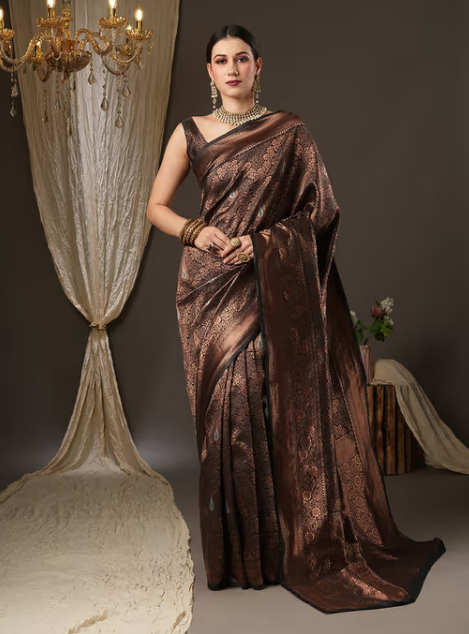 Womens Silk Blend Black Woven Design Designer Saree with Unstitched Blouse