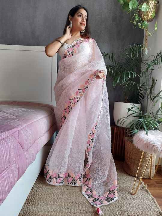 Anouk Floral Embroidered Organza Saree by Myntra