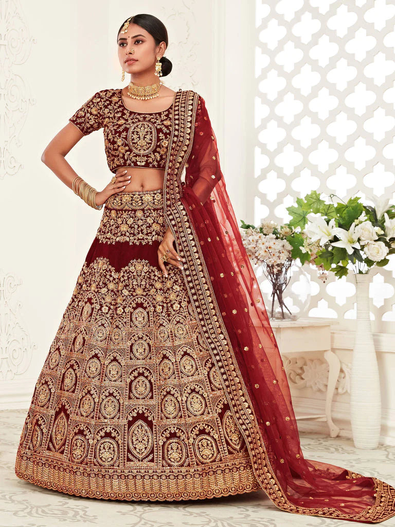 Designer Wedding Wear Red Gown With Lehenga
