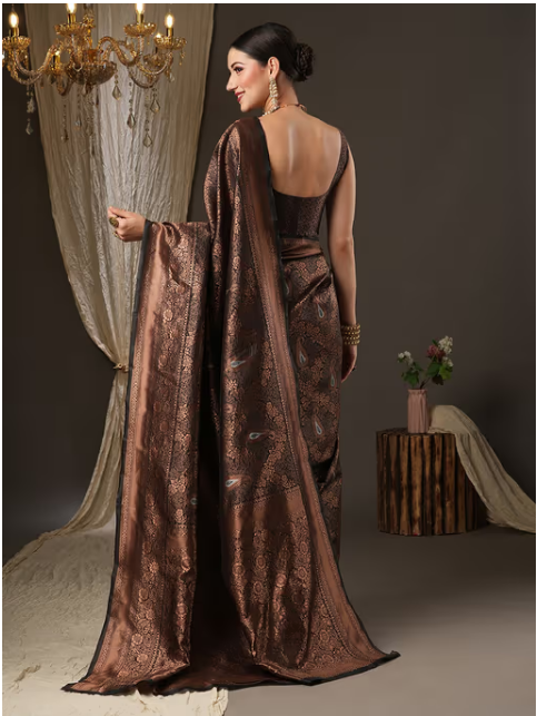 Womens Silk Blend Black Woven Design Designer Saree with Unstitched Blouse