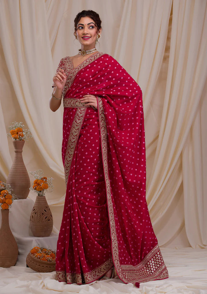 Koskii Rani Pink Zari & Sequins Work Raw Silk Saree with Unstitched Blouse At Nykaa Fashion