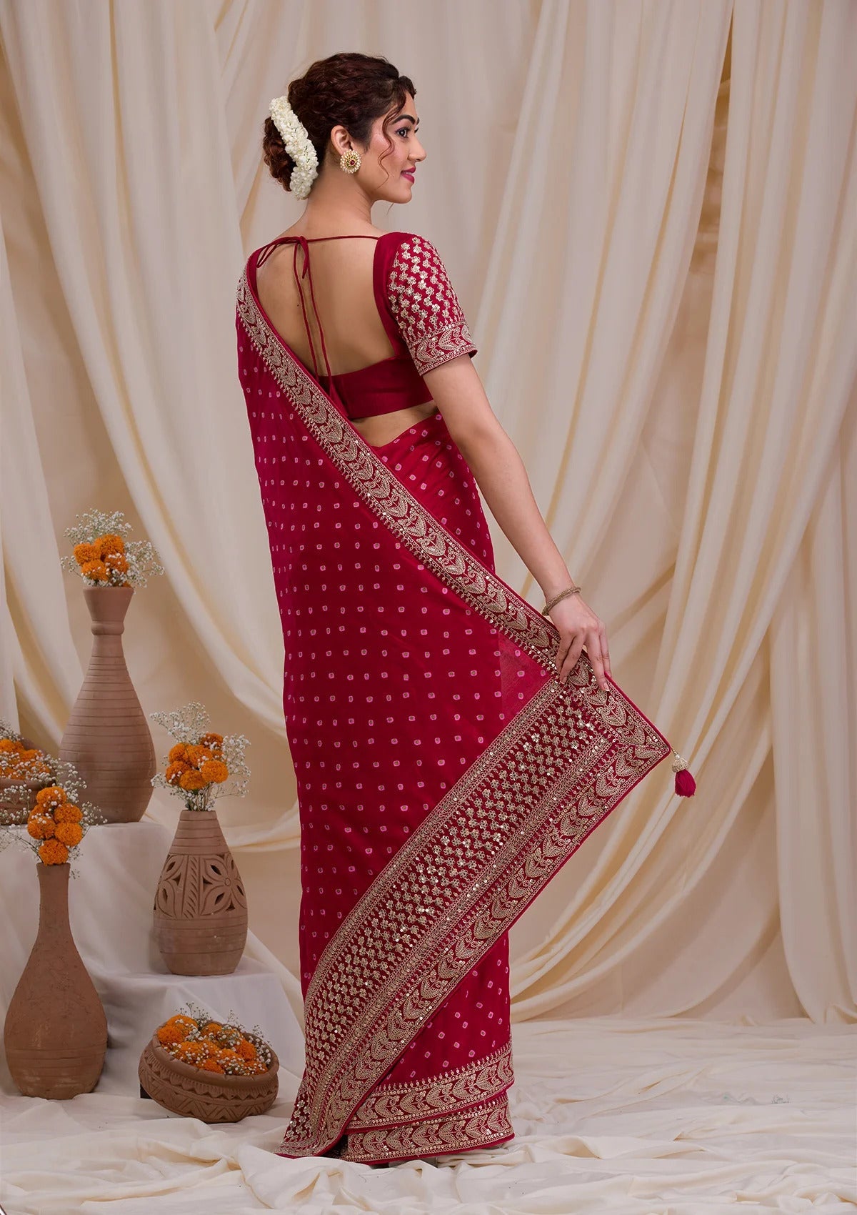 Koskii Rani Pink Zari & Sequins Work Raw Silk Saree with Unstitched Blouse At Nykaa Fashion