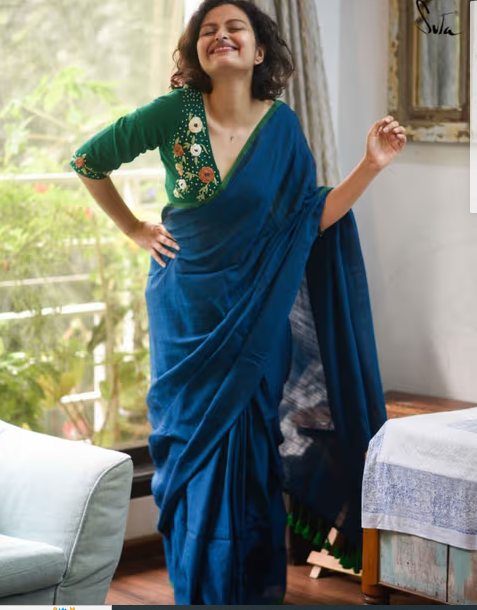 Suta Blue Solid Cotton Viscose Saree With Tassled Pallu and Without Blouse At Nykaa Fashion