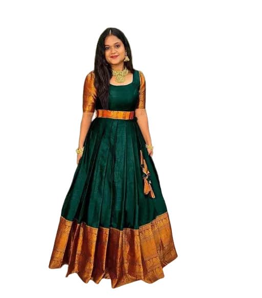 ANGHAN BROTHERS Women's Self Design Solid Art Silk Cotton Silk Stitch Flared Anarkali Gown