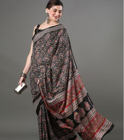 Akhilam Womens Dola Silk Black Digital Print Designer Saree with Unstitched Blouse