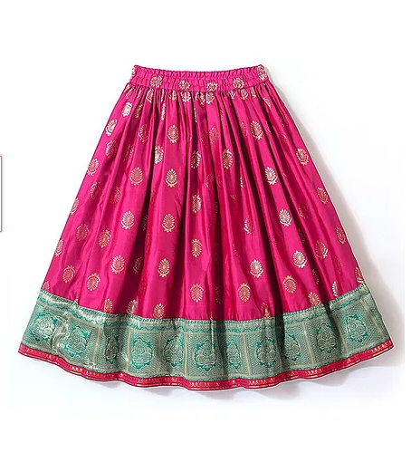 Half Sleeves Pattu Pavada Choli with Lehenga Set with Floral Embroidery - Fuchsia