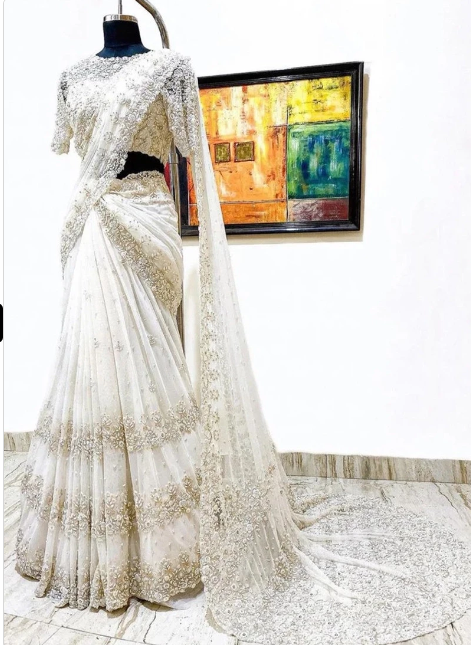 Designer White Butterfly Net Thread Work Saree For Wedding Wear