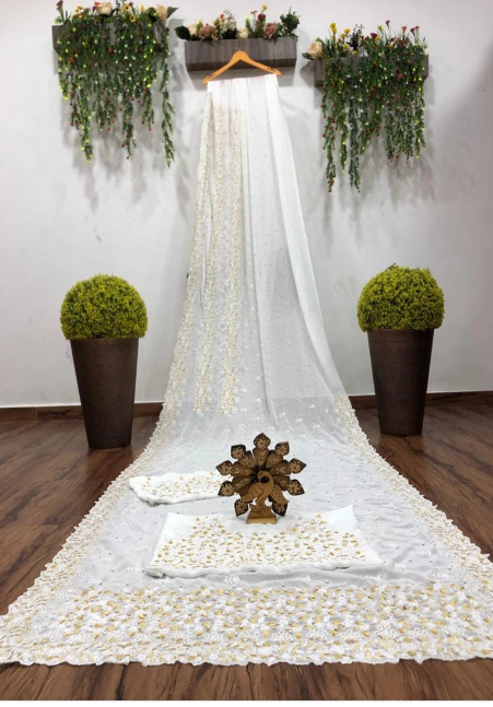 Designer White Butterfly Net Thread Work Saree For Wedding Wear
