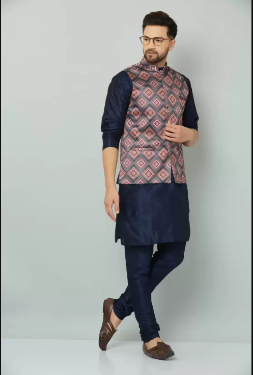 abeer fashion  Men Pure Silk Kurta Churidar Ethnic Jacket Set