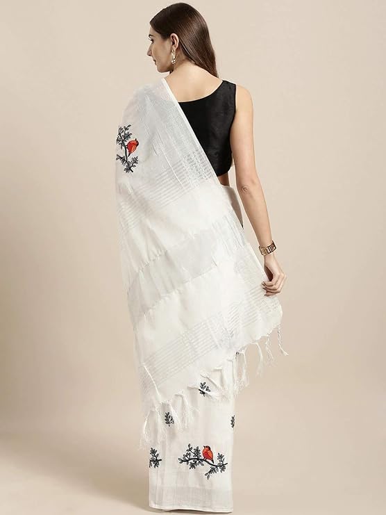 Anni Designer Women's Woven Linen Saree (BEYHADH_WHITE)