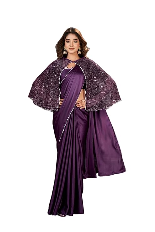 Designer Women's Traditional Satin Saree With Embellished Cape & Blouse Piece