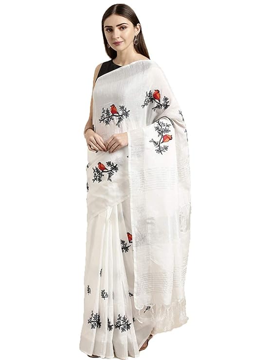 Anni Designer Women's Woven Linen Saree (BEYHADH_WHITE)