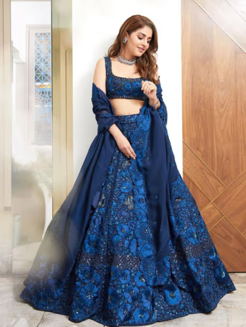 Blue Designer Embroidered Semi Stitched Lehenga With Unstitched Blouse