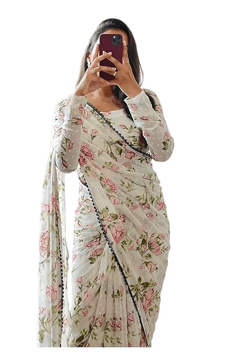 Women's Georgette Digital Printed Ready To Wear one Minute Saree With Unstitched Blouse Piece