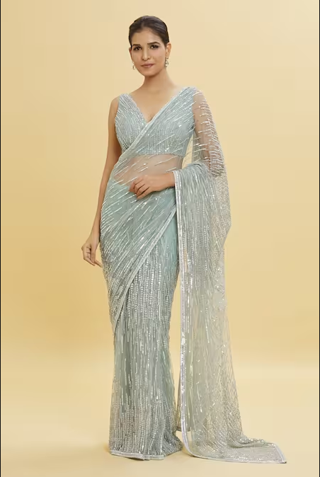 Green Net Embellished Sequins V Neck Linear Saree With Blouse For Women