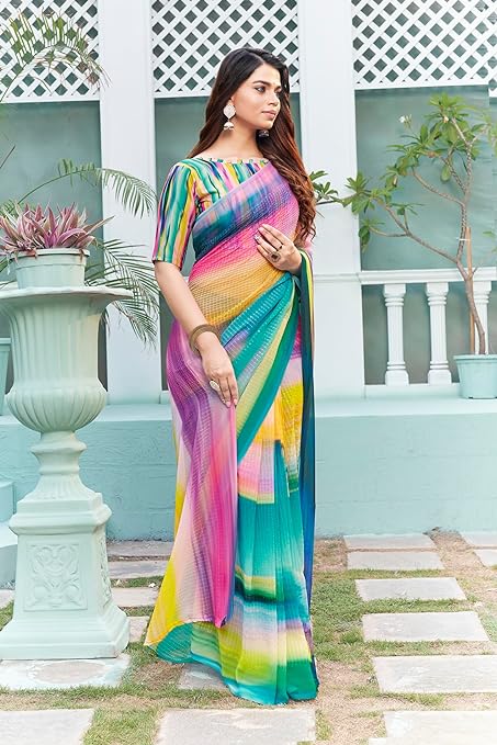 Glory Sarees Women’s Georgette Sequence Digital Print Saree With Blouse Piece
