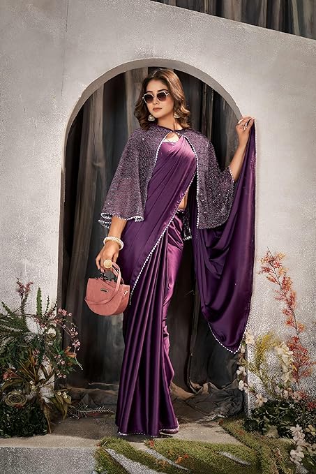 Designer Women's Traditional Satin Saree With Embellished Cape & Blouse Piece