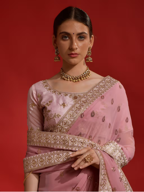 Akhilam Women Georgette Pink Embellished Designer Saree with Unstitched Blouse