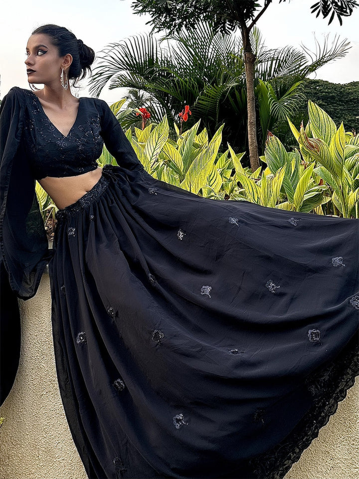 Women Odette Women Designer Black Georgette Semi Stitched Lehenga With Unstitched Blouse