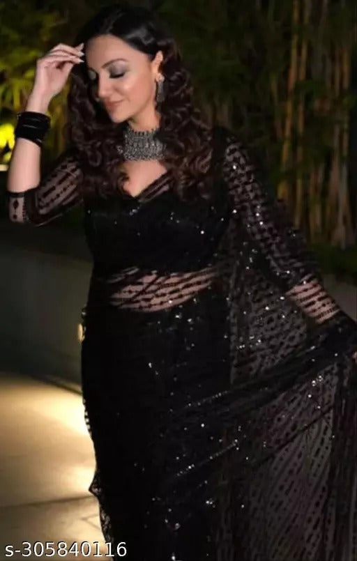 Partywear Black Color Soft Net Sequence Work Fancy Designer Saree With Embroidered Blouse