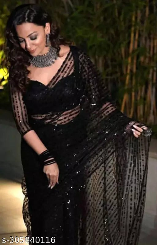 Partywear Black Color Soft Net Sequence Work Fancy Designer Saree With Embroidered Blouse