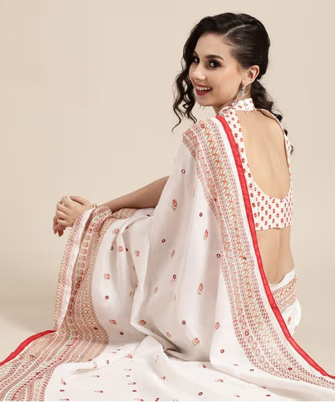 Akhilam White Casual Jute Silk Woven Saree With Unstitched Blouse with Unstitched