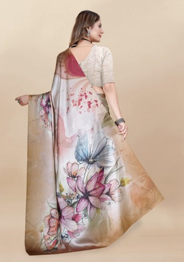 Anouk Peach Coloured Floral Printed Satin Saree