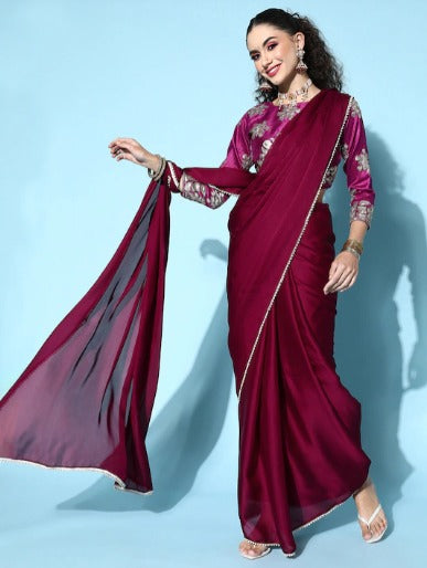 Solid Satin Saree with Embroidered Border
