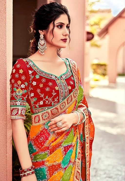 LAMI Women's Traditional Chiffon Bandhani Saree with beautiful matching lace border and Designer Embroidery Blouse Piece (Multi)