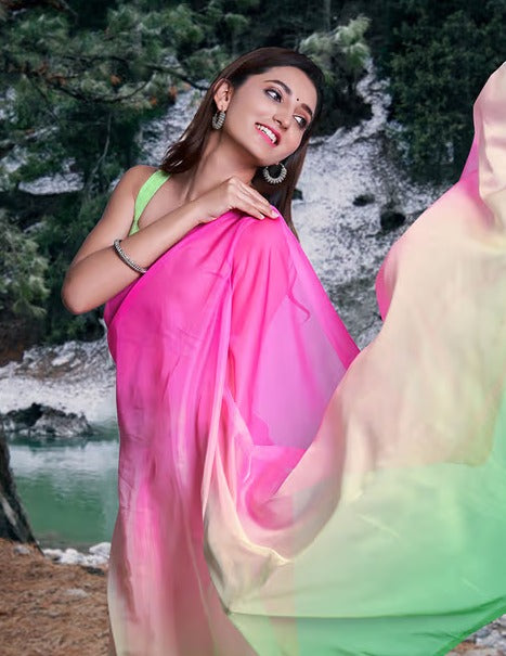 Akhilam Women Organza Pink Ombre Celebrity Saree with Unstitched Blouse