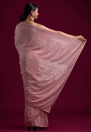 Baby Pink Sequins Semi Crepe Designer Saree
