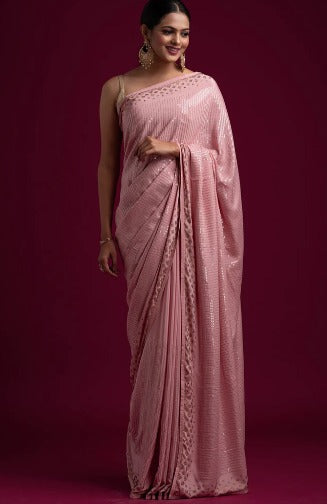 Baby Pink Sequins Semi Crepe Designer Saree