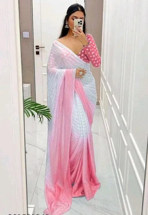 White and Pink shaded georgette mukesh work designer saree