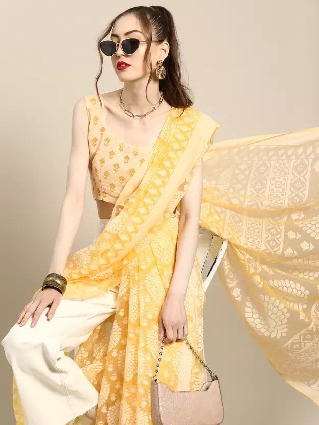 Akhilam Yellow Casual Brasso Net Printed Saree With Unstitched Blouse with Unstitched
