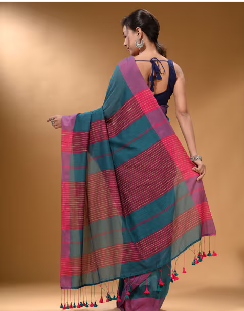 Arhi and Cotton Handspun Soft Pompom Saree with Unstitched Blouse