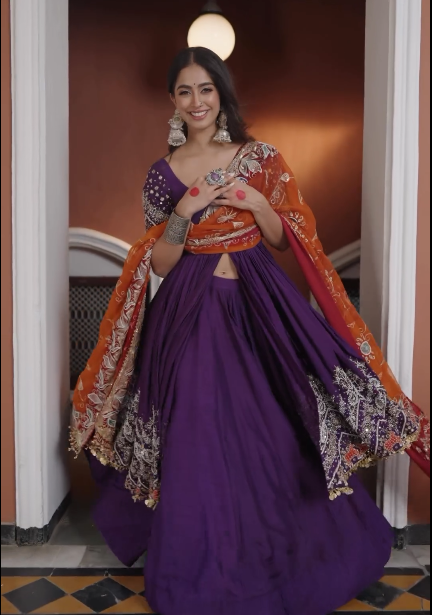 Purple Anarkali with Orange Dupatta for a Traditional Look