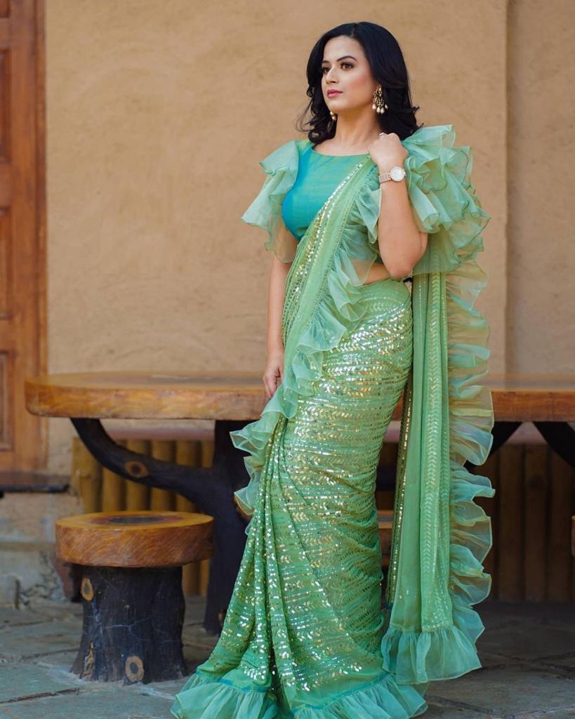 Glamorous Prajakta Gaikwad Sequence Work Green Color Party Wear Saree