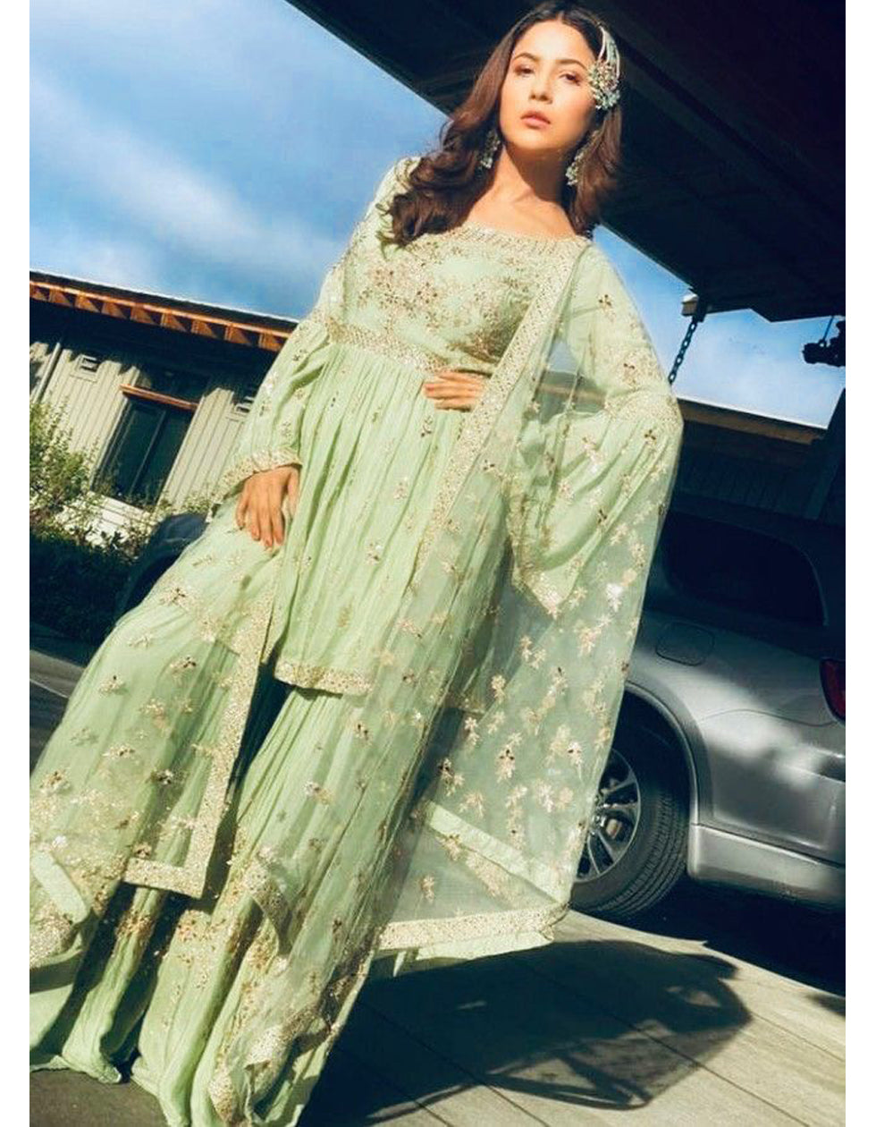 Shehnaaz Gill Light Green Georgette Embroidery Bollywood Wear Sharara Suit