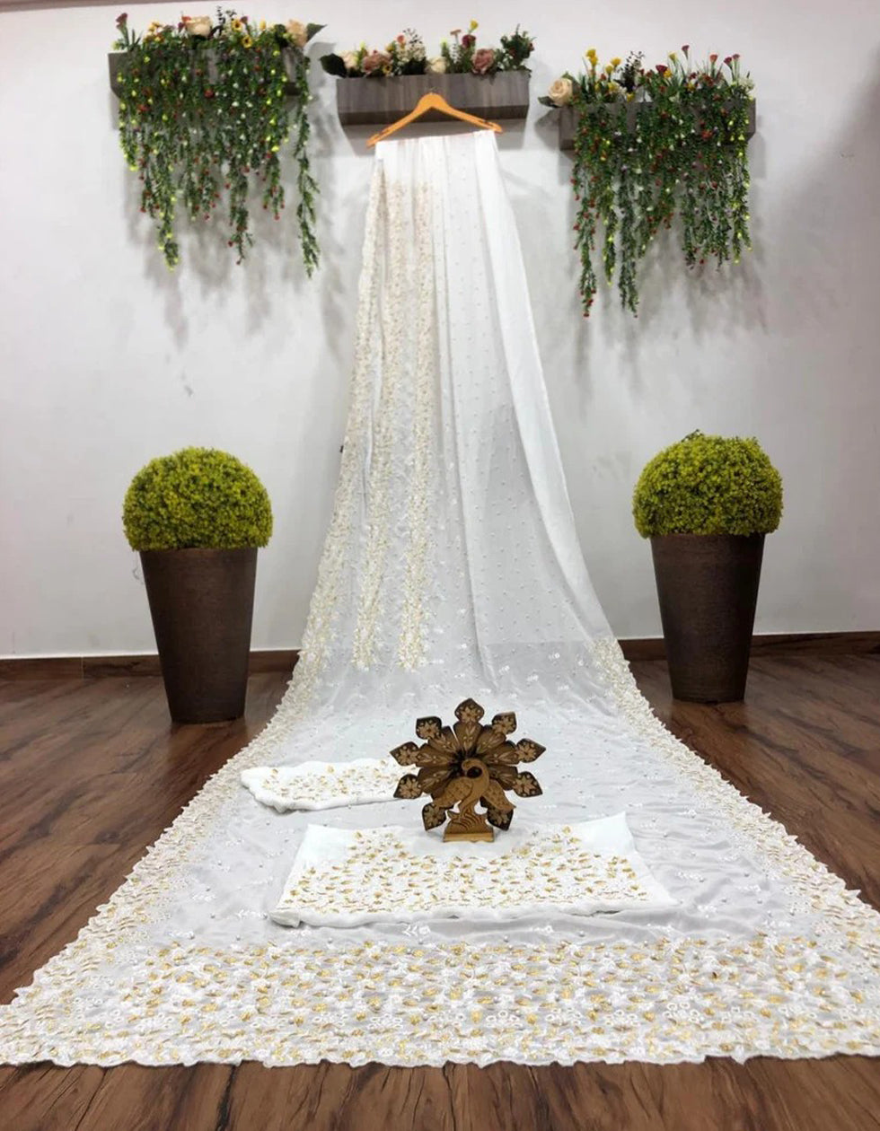 White Butterfly Net Thread Work Wedding Wear Saree